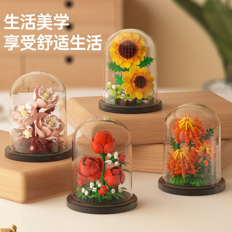 Cross-border Compatible Lego Eternal Flower Blocks Flower Sunflower Rose Potted Children's Assembled Toy Women's Ornament Gift
