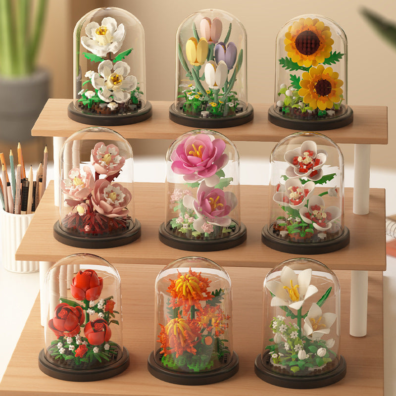 Cross-border Compatible Lego Eternal Flower Blocks Flower Sunflower Rose Potted Children's Assembled Toy Women's Ornament Gift