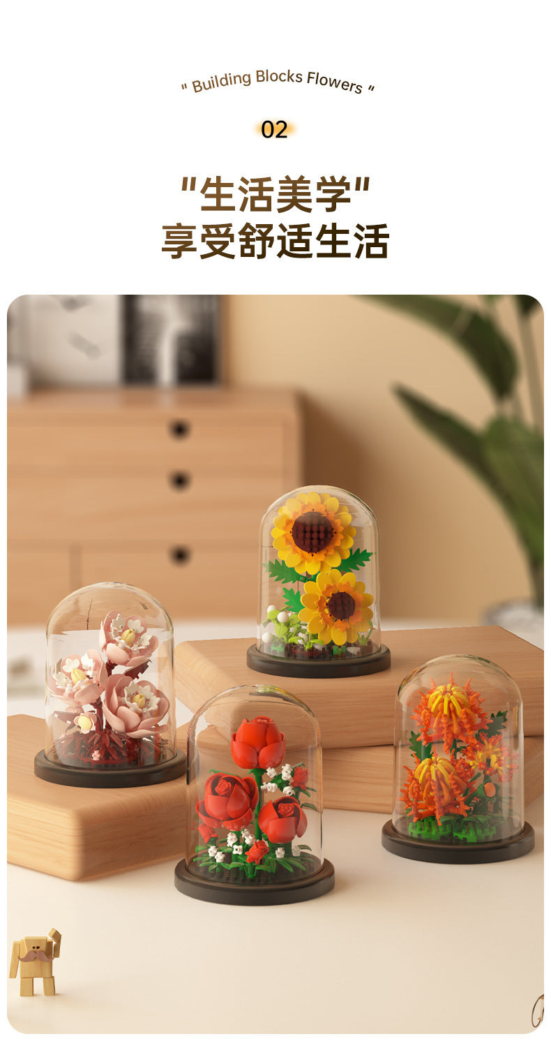 Cross-border Compatible Lego Eternal Flower Blocks Flower Sunflower Rose Potted Children's Assembled Toy Women's Ornament Gift