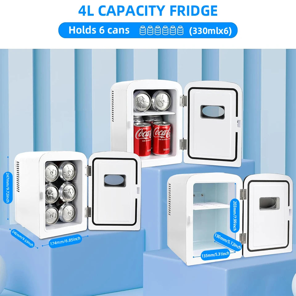 4L Mini Fridge Portable for Car & Home Hot & Cold Dorm Fridge for Refrigerating Cosmetics  Beverages & Cosmetic Storage
