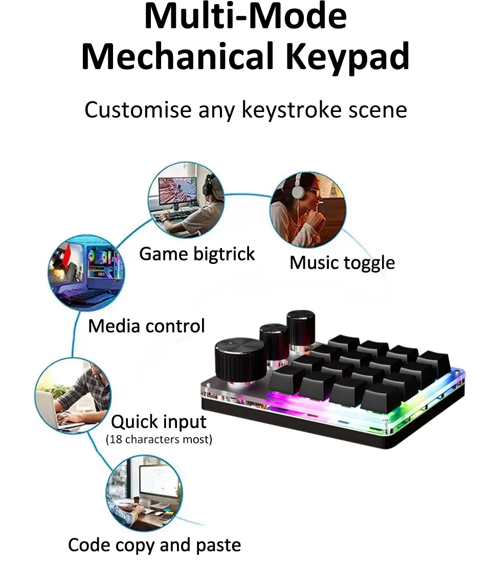 16-Key Custom Mechanical Keyboard 3 Knobs Including Volume Button Knob Control Programmable Macro  Gaming Compatible