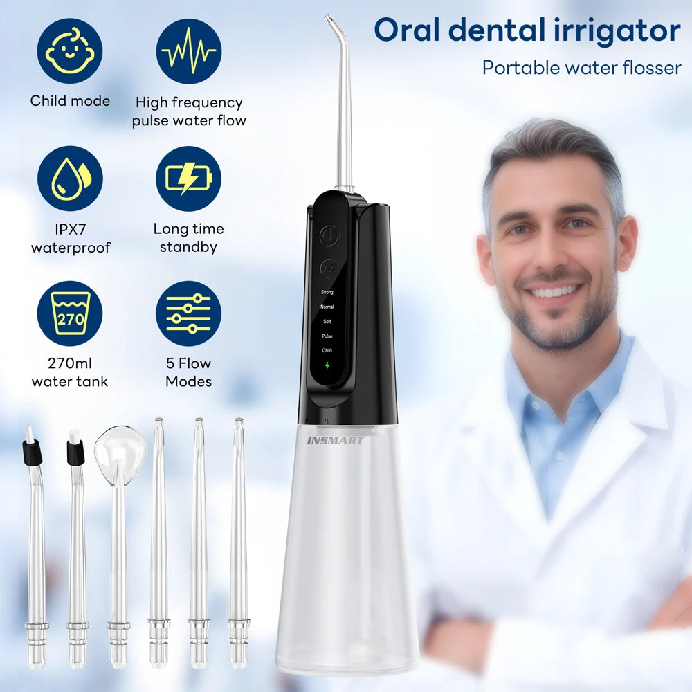 INSMART Water Flosser Dental Portable Oral Irrigator Water Flosser Teeth Whitening Waterproof Water Floss 270ML Teeth Cleaner