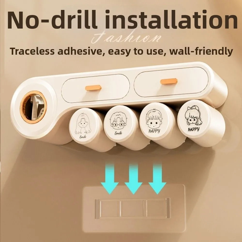 Wall Mount Toothbrush Storage Rack Non Perforated Space Saving Toothpaste Shelf Reusable 4 Person Bathroom Storage Shelf