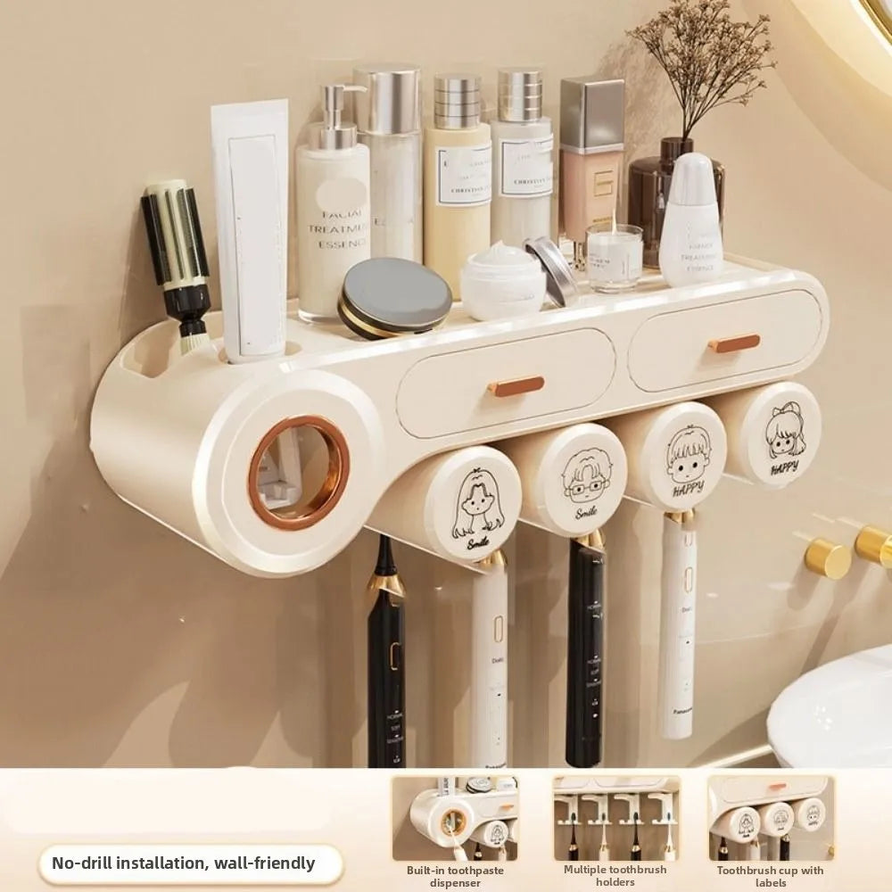 Wall Mount Toothbrush Storage Rack Non Perforated Space Saving Toothpaste Shelf Reusable 4 Person Bathroom Storage Shelf