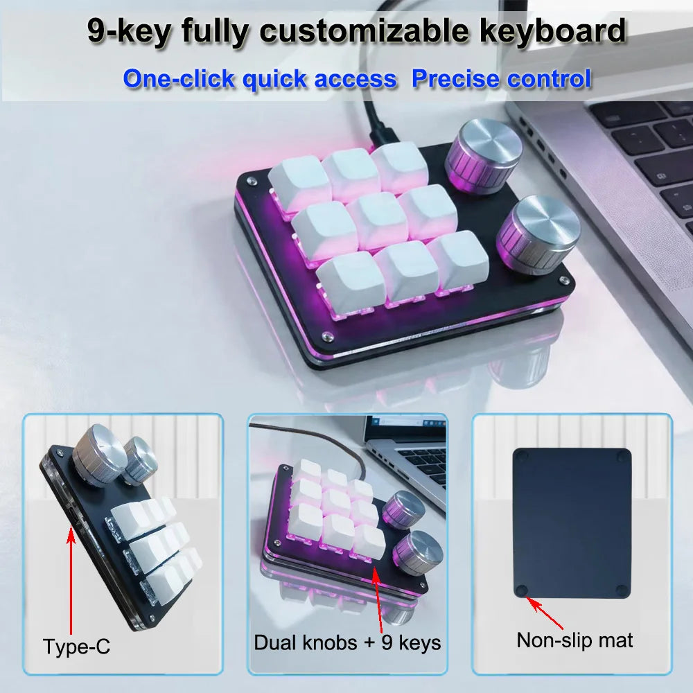 9-Key Multi-Functional Editing Keyboard, 6-Layer Macro Recording, Full-Key Customization, One-Step Operation for Control