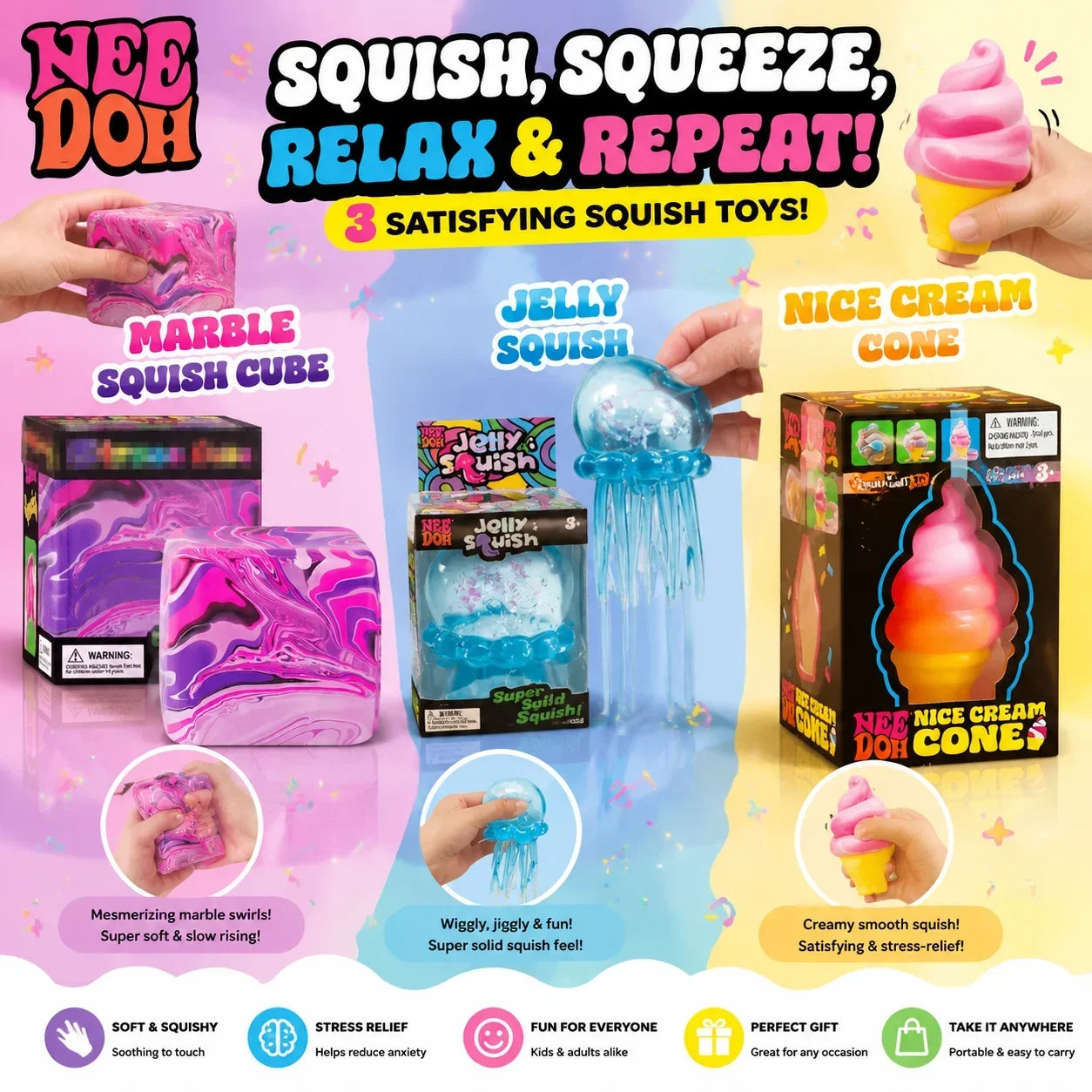 NeeDoh Jelly Hops Octopus Squishy Toy, Cute Water Play Sensory Fidget, Soft Stress Relief Toy, Gift for Boys & Girls