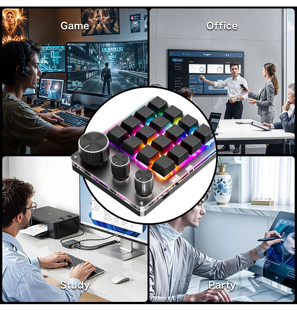 16-Key Custom Mechanical Keyboard 3 Knobs Including Volume Button Knob Control Programmable Macro  Gaming Compatible