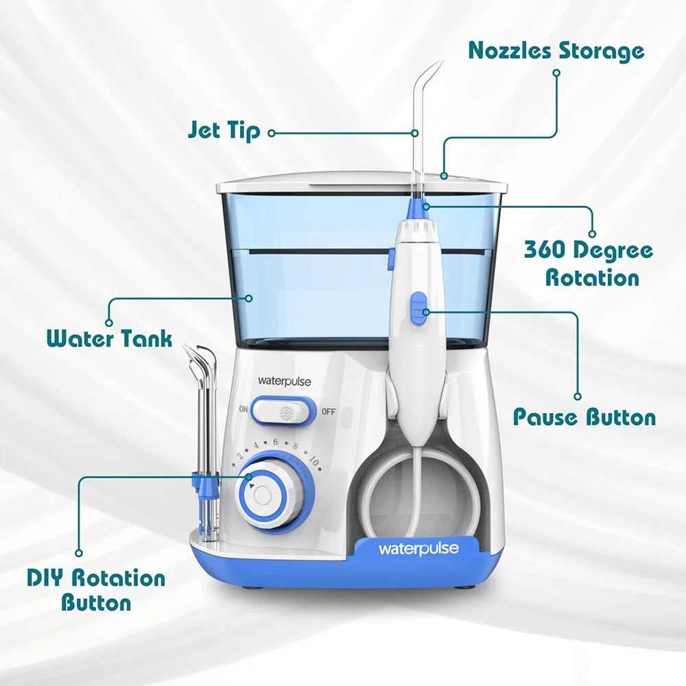 Waterpulse Electric Water Flosser Oral Irrigator, Water Flossing Teeth Cleaner with 800ML Large Capacity, 10 Modes & 5 Jet Tips