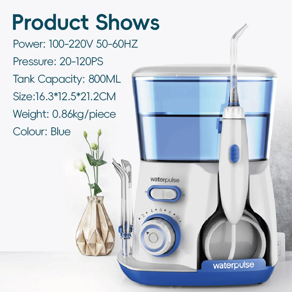 Waterpulse Electric Water Flosser Oral Irrigator, Water Flossing Teeth Cleaner with 800ML Large Capacity, 10 Modes & 5 Jet Tips