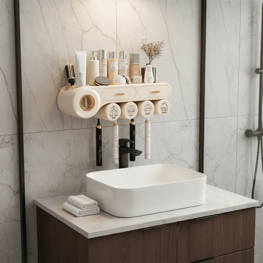 Wall Mount Toothbrush Storage Rack Non Perforated Space Saving Toothpaste Shelf Reusable 4 Person Bathroom Storage Shelf