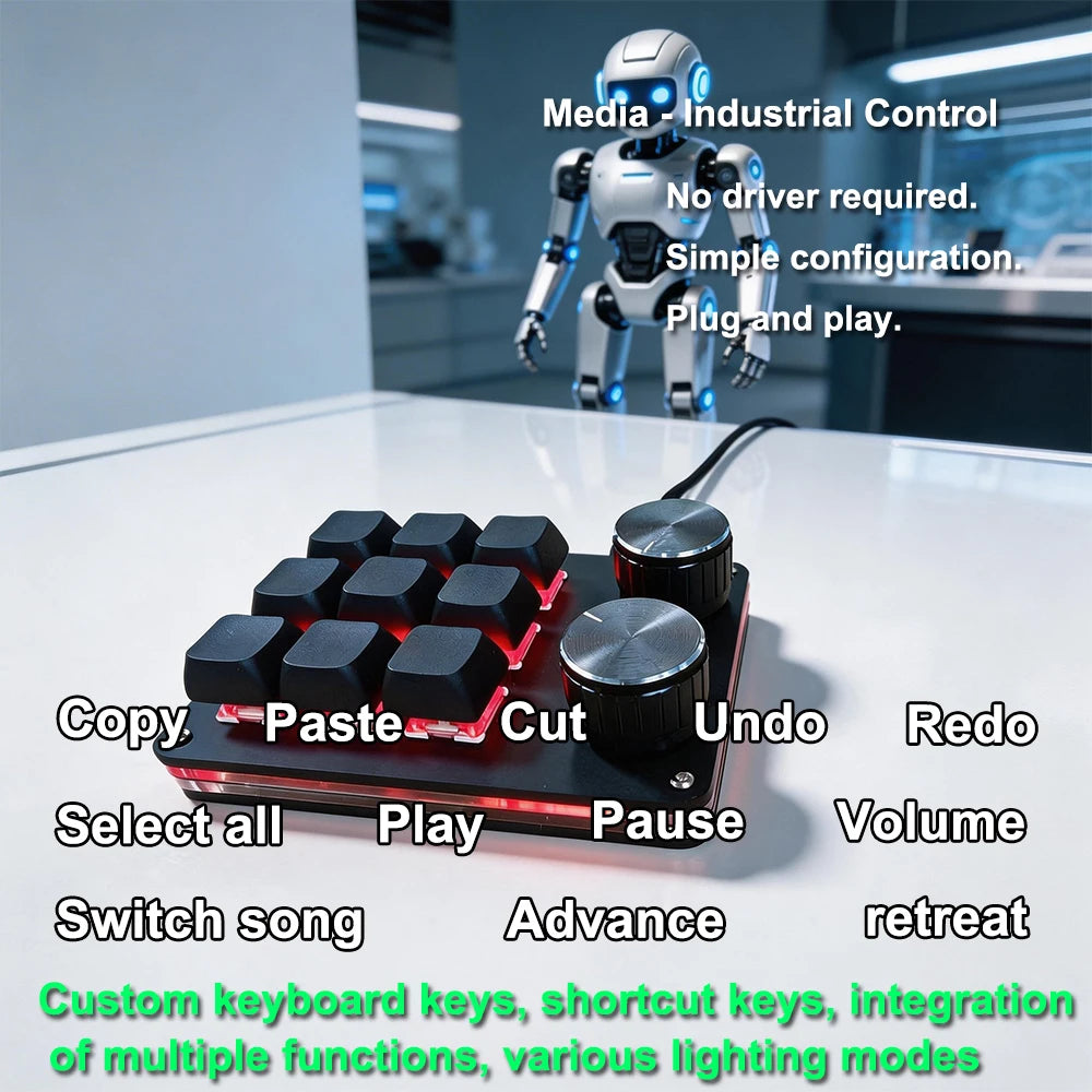 9-Key Multi-Functional Editing Keyboard, 6-Layer Macro Recording, Full-Key Customization, One-Step Operation for Control