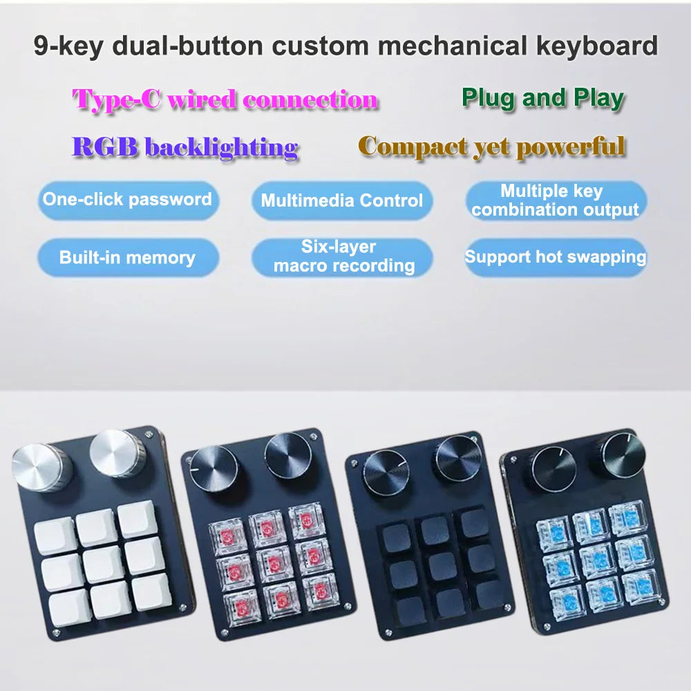 9-Key Multi-Functional Editing Keyboard, 6-Layer Macro Recording, Full-Key Customization, One-Step Operation for Control