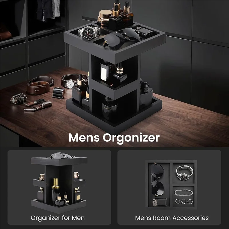 Hot Trend-For Men's Cologne Organizer 3 Tier Large Capacity Wood Perfume Shelf Rotate Function, Desk& Nightstand Organizer Gift