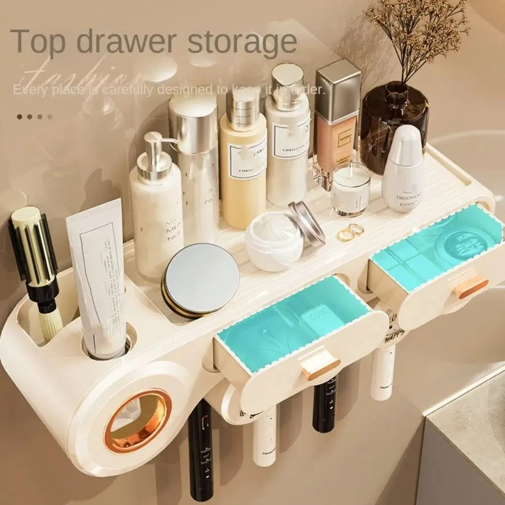 Wall Mount Toothbrush Storage Rack Non Perforated Space Saving Toothpaste Shelf Reusable 4 Person Bathroom Storage Shelf
