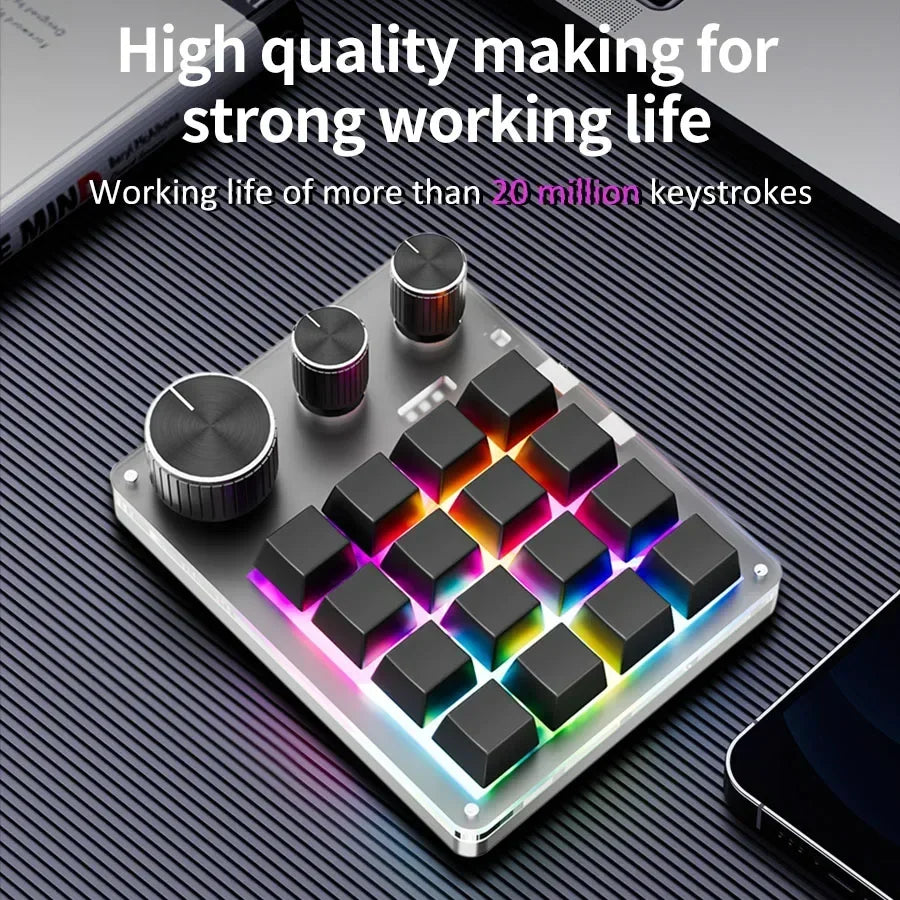 16-Key Custom Mechanical Keyboard 3 Knobs Including Volume Button Knob Control Programmable Macro  Gaming Compatible