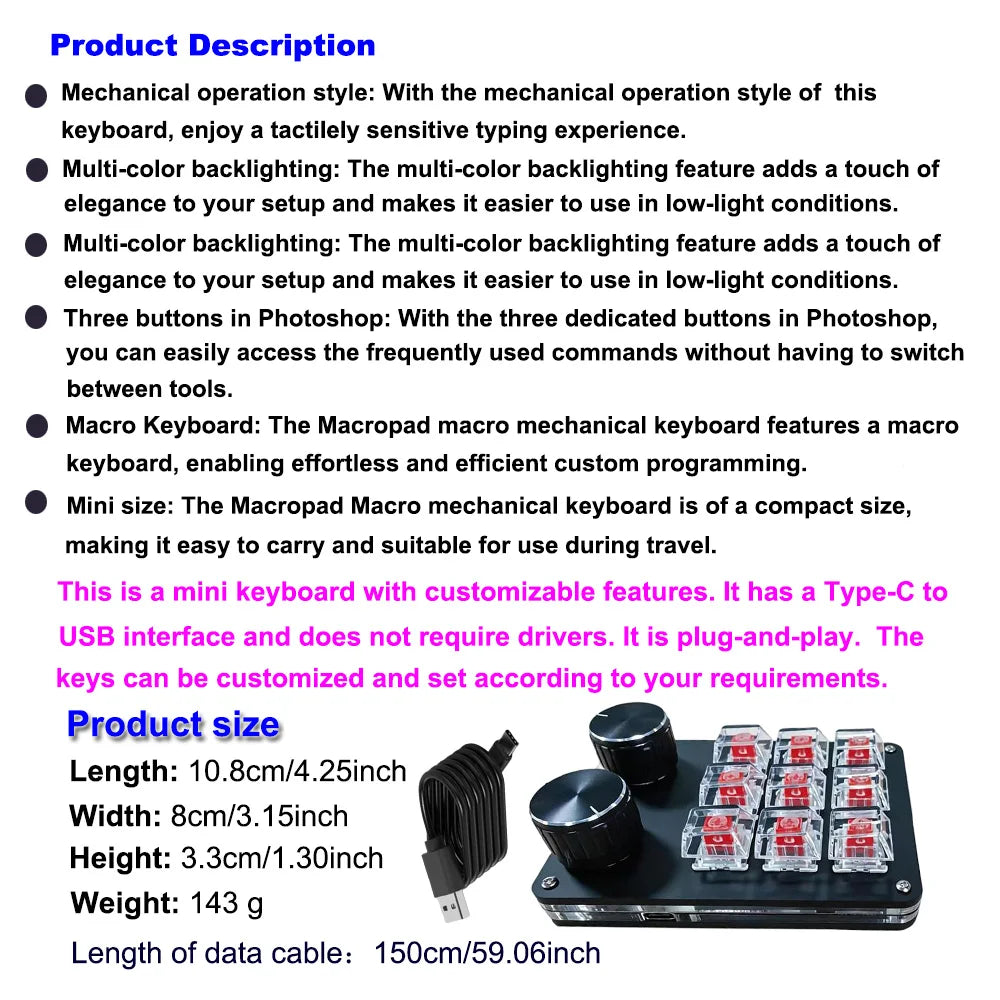 9-Key Multi-Functional Editing Keyboard, 6-Layer Macro Recording, Full-Key Customization, One-Step Operation for Control