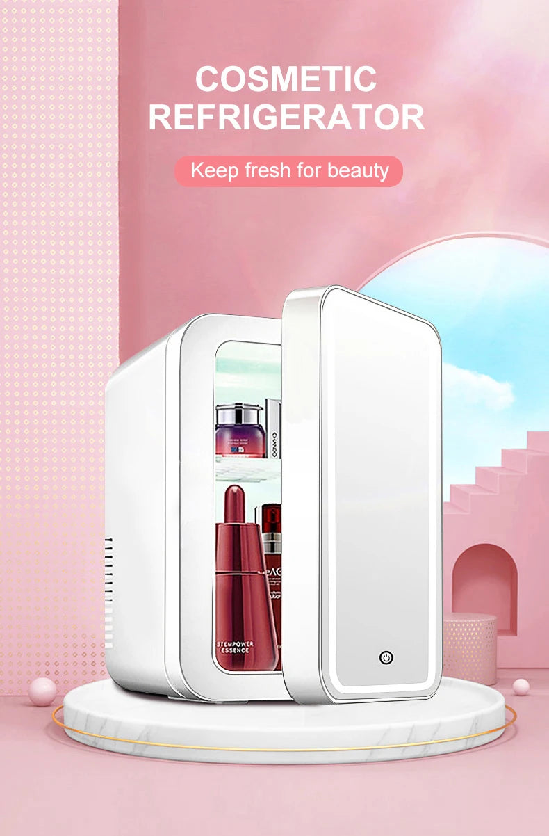 4L Mini Makeup Fridge WIth LED Light Mirror Portable Cosmetic Storage Refrigerator Keep fresh Cooler for Home Car Dual Use