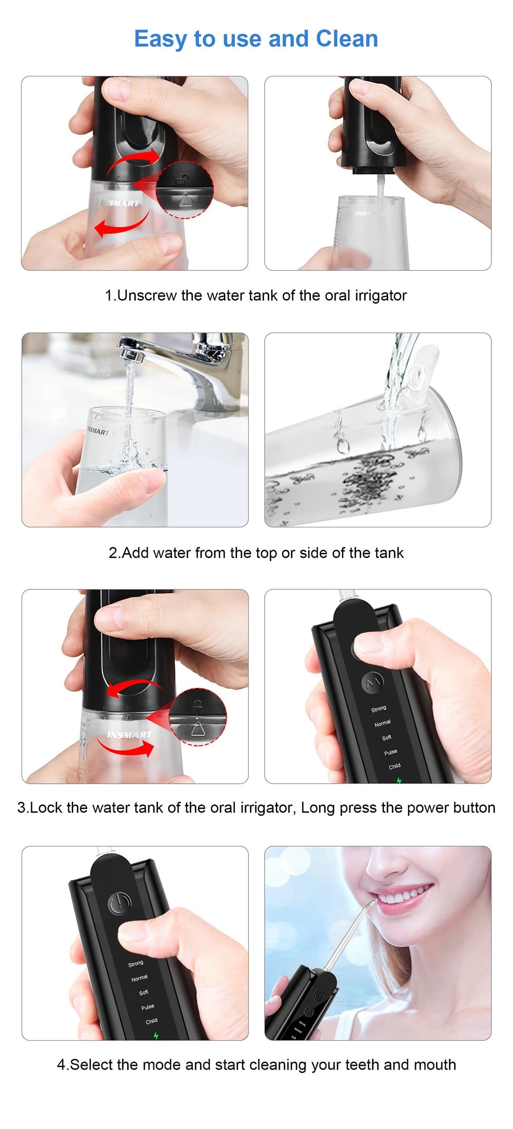 INSMART Water Flosser Dental Portable Oral Irrigator Water Flosser Teeth Whitening Waterproof Water Floss 270ML Teeth Cleaner